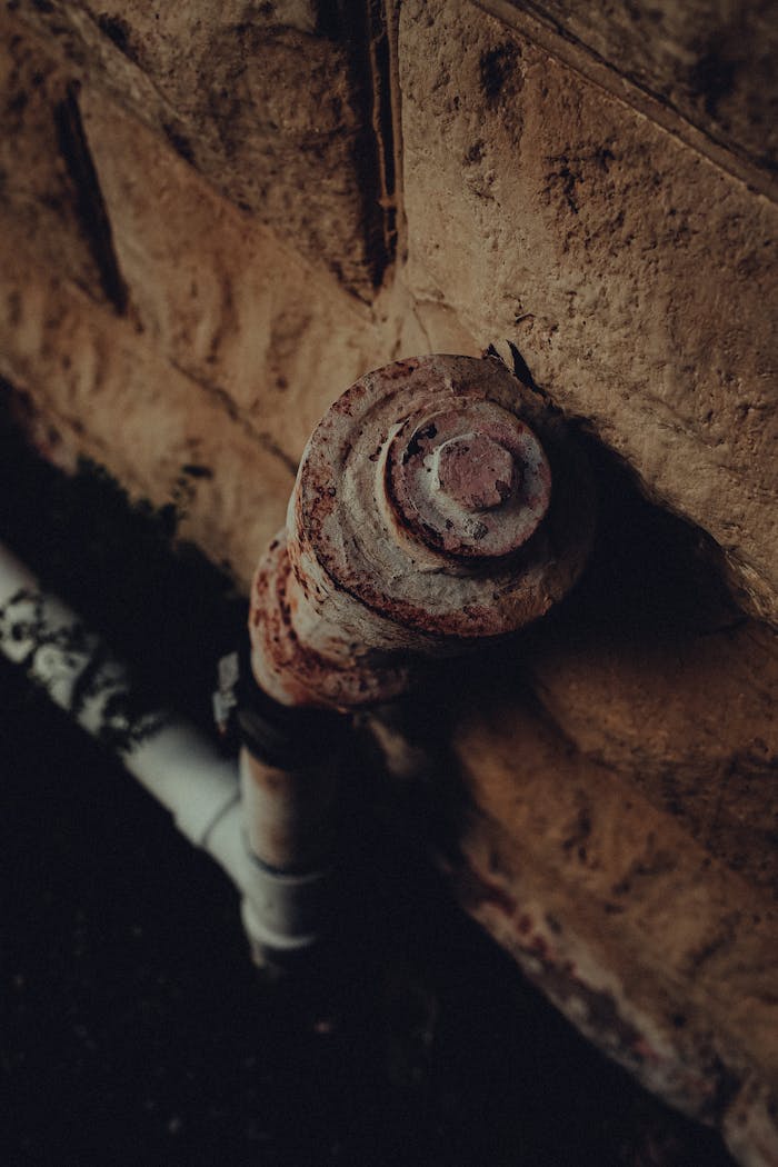 Close-up of a rusty metal valve mounted on a weathered stone wall, showcasing decay.